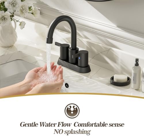 Phiestina 4 Inch 2 Handle Centerset Matte Black Lead-Free Modern Bathroom Faucet, 360 Swivel Spout 2-3 Hole RV Bathroom Vanity Sink Faucet with Pop Up Drain and Water Supply Lines,BF015-1-MB
