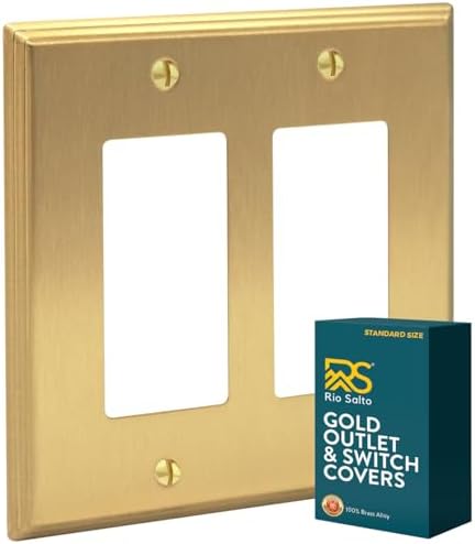 Rio Salto BRASS Modern Metal Gold Double Light Switch Wall Plate or Outlet Cover Wall Plate, Corrosion Resistant Receptacle Wallplate Rocker Covers Decora 2 Gang Brushed Brass STANDARD SIZE