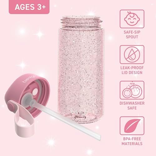 Bentgo Kids Water Bottle - Leak-Proof, Durable Tritan, BPA-Free 15 oz. Cup for Kids/Toddlers Ages 3+, Safe Sip Spout, Carrying Handle, & Dishwasher Safe for School (Glitter Edition - Petal Pink)