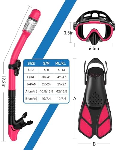Snorkeling Gear for Adults Men Women,4 in 1 Snorkel Set with Panoramic View Diving Mask Anti-Fog Anti-Leak,Dry Top Snorkel,Fins and Travel Bag for Swimming,Snorkeling and Travel Diving