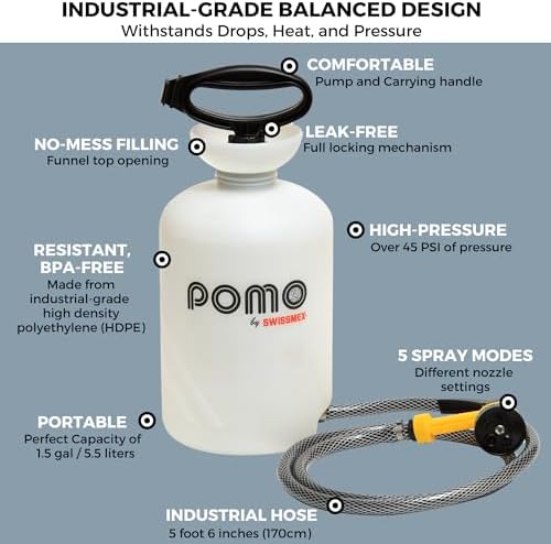 Pomo High Pressure 5L Portable Shower, Outdoor Shower, Camping Shower, Surf Rinse Kit, Beach Shower, Dog Wash, Boat Rinse, Car Shower, 1.5 Gallon Multi-use Sprayer, Hand Pump 45 PSI - No Power Needed!