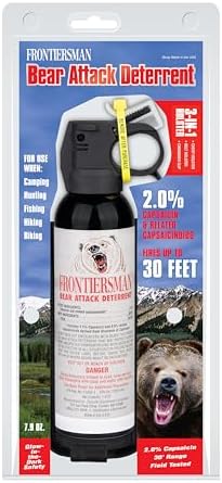 SABRE Frontiersman 7.9 fl oz. Bear Spray, Maximum Strength 2.0% Major Capsaicinoids, Powerful 30 ft. Range Bear Deterrent, Outdoor Camping & Hiking Protection, Quick Draw Holster & Multipack Options