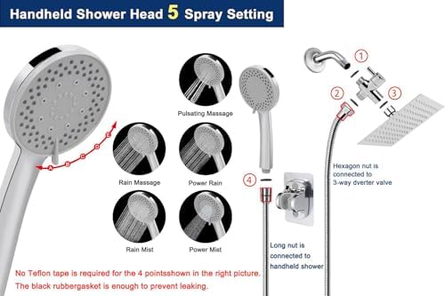 NearMoon Filtered Shower Head, High Pressure 8″Square, 5 settings Handheld Rain Shower Filter Combo with Self-adhesive Holder/1.5M Hose -1 Replaceable Filter Cartridge (Chrome Finish)