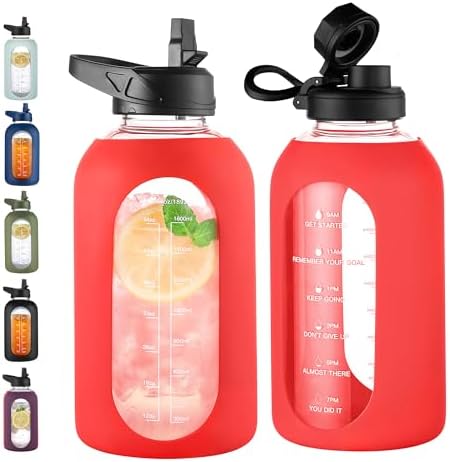 CIVAGO 64 oz Glass Water Bottle Jug with Straw and Handle, Half Gallon Sports Motivational Water Bottle with Time Marker, Wide Mouth Flask Canteen with Silicone Sleeve for Gym, Red