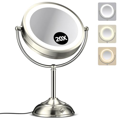 20x Large Lighted Makeup Mirror, Rechargeable 8.6" Magnifying Makeup Mirror, 30-Minute Timer,3 Color Modes, Adjustable Brightness, No Assembly Required, 360° Rotation Cosmetic Mirror, Pearl Nickel