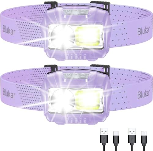 Headlamp Flashlight, 2-Pack Super Bright LED Rechargeable Headlight - Spotlight&Floodlight Combination, Sensor Control, 8 Modes,IPX5 Waterproof, 20+Hrs Runtime for Camping-Purple