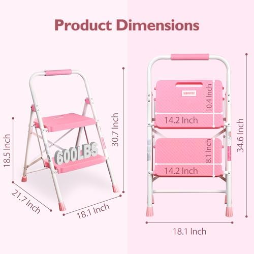BONTEC 2-Step Ladder, Folding Step Stool, 600lbs Max Load Capacity, Sturdy Steel, Non-Slip Pedals, Lightweight, Portable Steel Ladder with Convenient Handrail, Safety Design for Home & Work, Pink