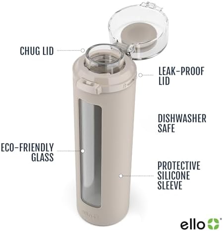 Ello Syndicate 20oz Reusable Glass Water Bottle with One-Touch Leak Proof Flip Lid and Protective Non-Slip Silicone Sleeve and Carry Loop for Coffee, Tea and Water, BPA-free Dishwasher Safe