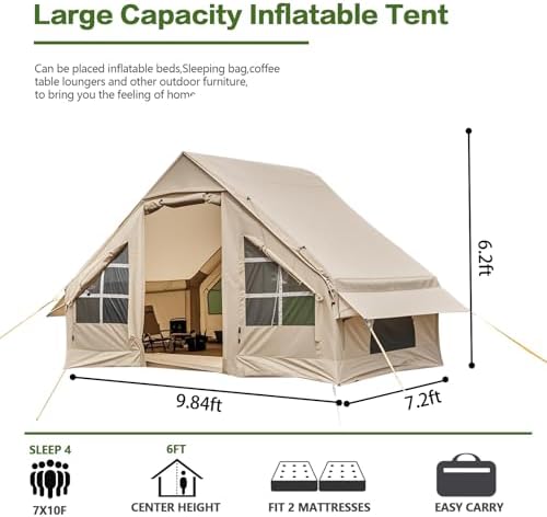 Inflatable Camping Tent, 2/4/6/8 Person Glamping Inflatable Tents for Camping, 2025 Update Zipper Door Easy Setup Blow Up Tents Big House with Rainfly&Mosquito Screen, 4 Season