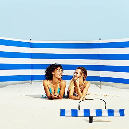 Blue White Beach Wind Screen Beach Wind Blocker Beach Barrier with Wooded Poles Mallet and Bag for Outdoor Summer Beach Vacation