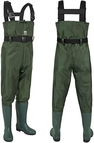 TIDEWE Bootfoot Chest Wader, 2-Ply Nylon/PVC Waterproof Fishing Hunting Waders with Boot Hanger for Men Women Green Brown