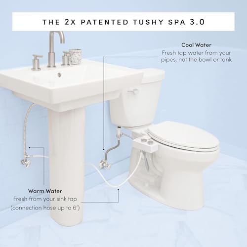 TUSHY Spa Self-Cleaning Warm Water Toilet Bidet Attachment. Adjustable Nozzle, Angle & Pressure Control. Easy DIY Home Install, Requires Sink Access for Optional Warm Water Control. (Biscuit/Platinum)