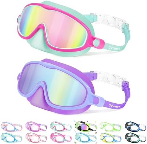 Vvinca 2 Pcs Kids-Swim-Goggles with Nose Cover, Swimming Diving Mask Wide View Anti Fog UV Anti Shattered Lens for Kids 3-6