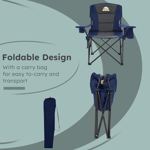 Oversized Folding Camping Chairs - 450 LBS Support Heavy Duty Camp Chair with Padded Cushion, Portable Outside Chairs with Carry Bag,Cooler, Cup Holder for Outdoor, Lawn, Sports - Blue
