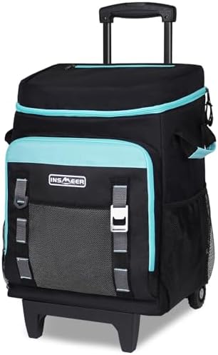 INSMEER Cooler with Wheels and Handle, 80 Cans/50L Rolling Cooler, Portable Soft Sided Cooler with Wheel, 2-in-1 Collapsible Cooler Trolley Cart, Large Coolers for Grocery Shopping