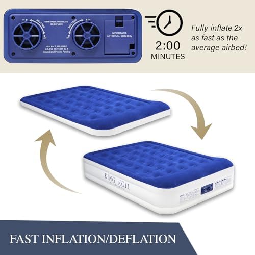 King Koil Luxury Queen Air Mattress with Built-in Pillow & Ultra-Fast Built-in High-Speed Pump, 20″ Inflatable Premium Airbed, Waterproof, Adjustable Firmness, 1-Year Manufacturer Warranty