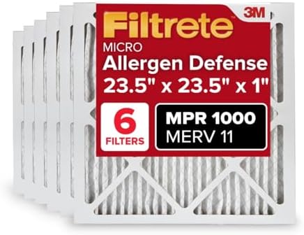 Filtrete 23.5x23.5x1 AC Furnace Air Filter, MERV 11, MPR 1000, Micro Allergen Defense, 3-Month Pleated 1-Inch Electrostatic Air Cleaning Filter, 6 Pack (Actual Size Pack 23.188x23.188x0.81 in)