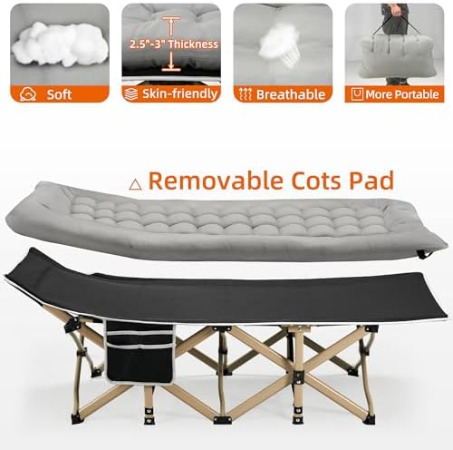 Portable Camping Cot, 600LBS Max Load, Extra Wide with Thick Mattress, Folding Cot for Outdoor Camping/Office, Home Nap (Grey)