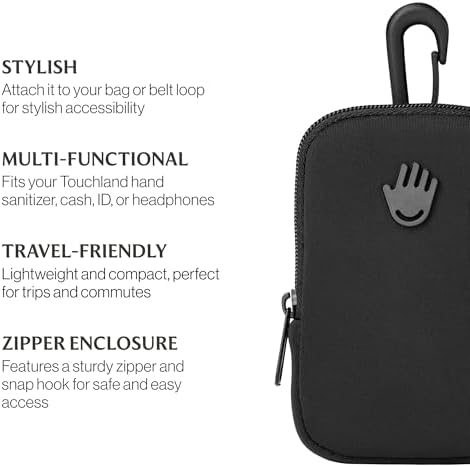 Touchette Zippered Pouch, Attachable Fashion Accessory with Snap Hook for Touchland Hand Sanitizer 1FL OZ., Black