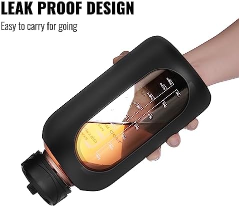 CIVAGO 64 oz Glass Water Bottle Jug with Straw and Handle, Half Gallon Sports Motivational Water Bottle with Time Marker, Wide Mouth Flask Canteen with Silicone Sleeve for Gym, Black