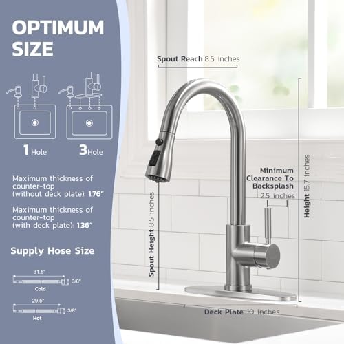 WEWE Kitchen Sink Faucet with Soap Dispenser, Kitchen Faucet with Pull Down Sprayer 3 Modes Stainless Steel Single Handle Single Hole Pull Out Brushed Nickel Faucet for Bar Laundry RV Utility Sink