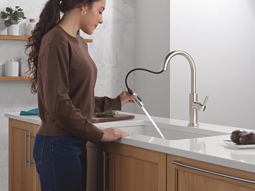 Delta Nicoli Brushed Nickel Kitchen Faucet with Pull Down Sprayer, Modern Single Hole Kitchen Sink Faucet, Single Handle, Stainless Steel 19867LF-SS