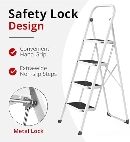 HBTower Step Ladder Folding Step Stool for Adults with Anti-Slip Pedal,330 lbs Capacity for Kitchen, Home,White