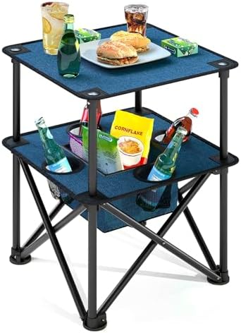 Folding Camping Table, Portable Outdoor Picnic Table, Lightweight Square Camp Table with Built-in 4 Cup Holders Food Basket and Travel Bag for Barbeque Beach Camping and Tailgate Blue