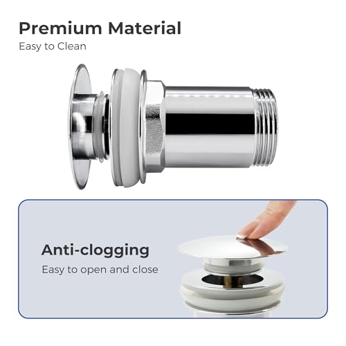 VANCOCO Drain Set Washbasin with Overflow (chrome), Washbasin Drain with Replacement Seal, Push Open Drain Valve, Brass