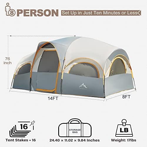 8 Person Tent for Camping, Waterproof Windproof Family Tent with Rainfly, Divided Curtain Design for Privacy Space, Portable with Carry Bag