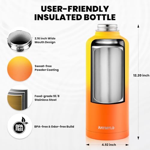 Insulated Water Bottle 87 oz, Triple Wall Vacuum Stainless Steel (Cold for 48 Hrs), Leak Proof & Non-BPA, Modern Water Flask Jug with Paracord Handle & Straw Spout Lids, Ombre Orange