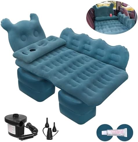 ISWEES Car Bed SUV Air Mattress, Car Air Mattress with Electric Pump, 2 Inflatable Pillows and 2 Footrests for Back Seat, Side Seat,Trunk Sleeping, Thickened Camping Bed - Black