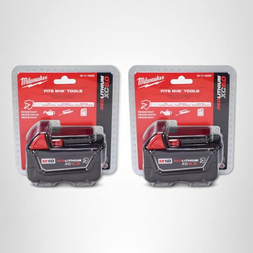 Milwaukee 48-11-1850R M18 18V 5Ah XC Extended Capacity Resistant Battery 2 Pack, (48-11-1850Rx2)