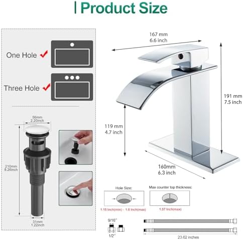 VOTON Chrome Bathroom Faucets Waterfall Bathroom Sink Faucet Modern Single Handle Bathroom Faucet for 1 or 3 Holes with Deck Plate and Pop-Up Drain, Rv Sink Camper Farmhouse Bathroom Faucet