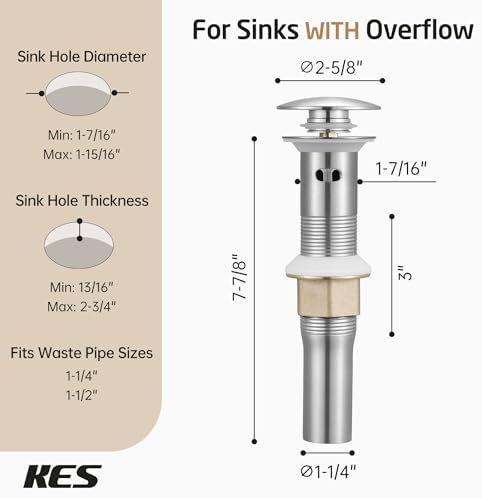 KES All Metal Bathroom Sink Drain with Strainer Basket Hair Catcher Anti Clog Pop Up Drain Stopper for Vanity Vessel Sink with Overflow, Rustproof 18/8 Stainless Steel Brushed Nickel S2013A-BN