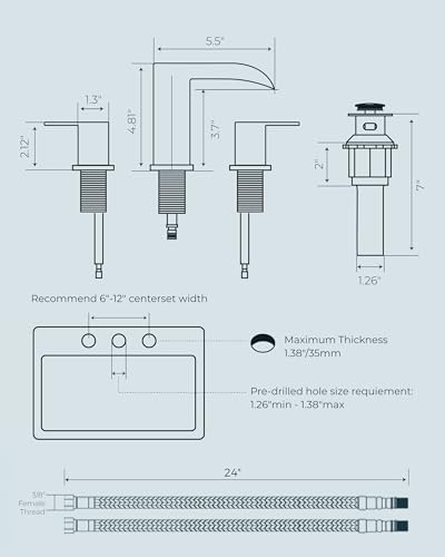 FORIOUS Square Matte Black Waterfall Bathroom Faucets 3 Hole, 8 Inch Widespread Bathroom Sink Faucet with Metal Pop-up Drain and Supply Lines, Two Handles for Vanity, Lavatory, Restroom