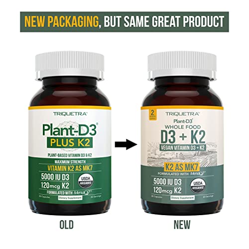 Organic Plant D3 + K2 | 5000 iu D3 + 120 mcg K2 as All-Trans MK7 from MenaQ7® - 100% Whole Food, Raw & Vegan | Enhanced Digestion with Prebiotic & Superfood Complex – D3 from Organic Algae (60 Count)