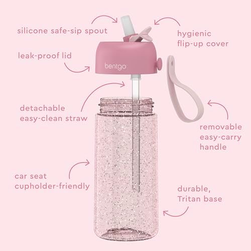 Bentgo Kids Water Bottle - Leak-Proof, Durable Tritan, BPA-Free 15 oz. Cup for Kids/Toddlers Ages 3+, Safe Sip Spout, Carrying Handle, & Dishwasher Safe for School (Glitter Edition - Petal Pink)