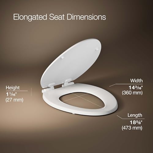 KOHLER Stonewood Quiet-Close Elongated Toilet Seat, Slow Close Design, Durable Wood, Easy Installation, Universal Fit, White Finish, K-20466-0