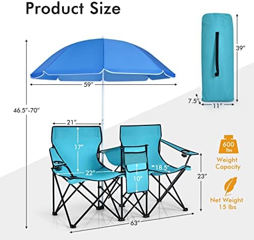 COSTWAY Double Portable Picnic Chairs, Folding Camping Chairs w/Detachable Umbrella, Cooler Bag, Cup Holders, Patio Beach Camping Chairs for Outdoors