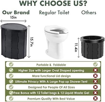 Portable Toilet Kit Adults, Pop Up Privacy Tent, X Large Camping Folding Toilet, 12 bags, 12 pack Liquid Waste Gel, Washable Foldable For Travel,RV, Outdoor