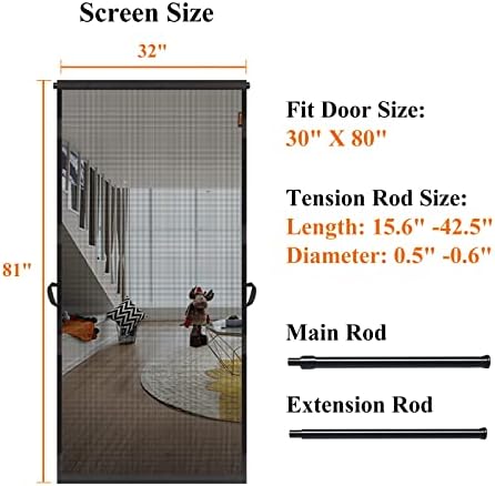 MAGZO Hanging Screen Door, Fits Door Size 30" x 80" (Curtain Size 32'' x 81''), Upgraded Fiberglass Mesh Net with Tension Rod&Hook&Loop (One Piece Can be Installed in 2 Ways), Weighted Bottom, Grey