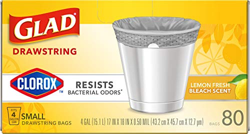 Glad Small Trash Bags 4 Gallon, Lemon Fresh Bleach Garbage Bags, Odor Resistant with Drawstring, 80 Count