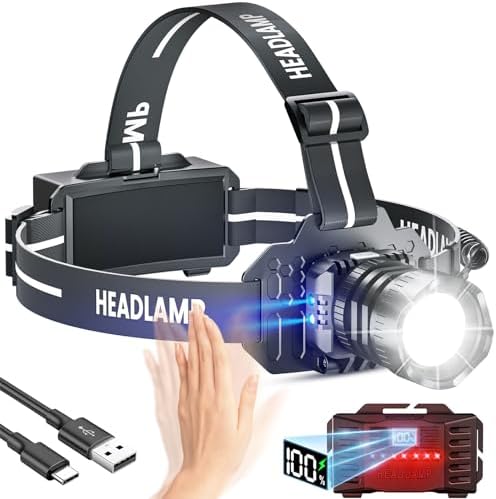 LED Rechargeable Headlamp, Head Lamp Super Bright with 9 Modes & IPX6 Waterproof Zoomable Head Lights for Forehead, 90° Adjustable Headlamps for Camping Hiking Hunting Fishing Car Repair