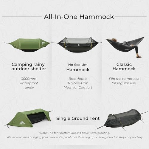 Camping Hammock Tent with Mosquito Net & RainFly, 3 in 1 Waterproof Lightweight Portable Sleeping Hammock Bug, Travel Outdoor Gear with Tree Strap Swing, for Hiking Patio Expedition