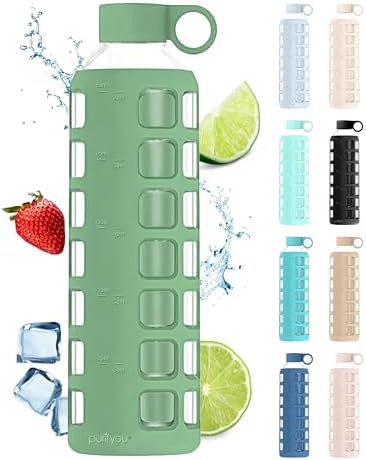 purifyou 40/32/22/12 oz Borosilicate Glass Water Bottles with Volume Markers, Silicone Sleeve, Stainless Steel Lid, Reusable Bottle for Water, Juice, Gym, and Fridge Storage (32oz Shale Green)