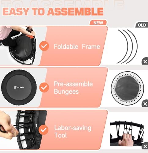 BCAN 450/550 LBS Foldable Mini Trampoline, 40"/48" Adult Fitness Trampoline with Bungees, U Shape Adjustable Foam Handle, Stable & Quiet Exercise Rebounder,Indoor/Outdoor Workout
