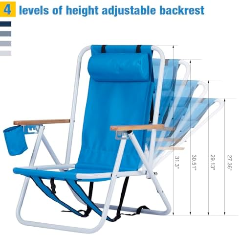 Outvita Folding Beach Chair Adjustable Headrest w/4 Flexible Tilt Angle, Cup Holder Portable High Strength Cleanable Fabric, for Sand Camping Lawn Concert Travel Festival