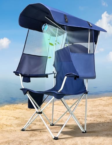 Beach Chair with Canopy Shade and Fan – 360° Rotatable & 3-Speed Airflow, Camping Chair with Canopy and Powerful & Quiet Fan, Cup Holder, Side Pocket – Supports 330 LBS