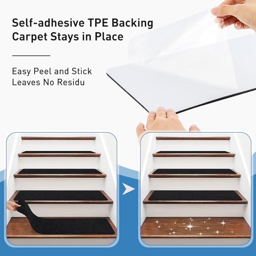 Non Slip Stair Treads for Wooden Steps,15 Pack 8" X 30" Stairs Carpet Treads Indoor with Reusable Peel and Stick Adhesive for Kids Elders and Pets,Polyester TPR Backing